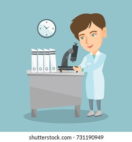 Caucasian laboratory assistant working with microscope. Young scientist working in the laboratory with microscope. Laboratory assistant using a microscope. Vector cartoon illustration. Square layout.