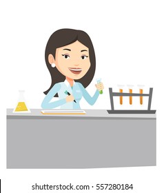 Asistente de laboratorio caucásico trabajando con un tubo de ensayo y tomando algunas notas. Joven asistente de laboratorio analizando líquido en el tubo de ensayo. Ilustración de diseño plana vectorial aislada en fondo blanco.