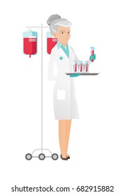 Kaukasischer Laborassistent, der mit einem Reagenzglas arbeitet. Laborassistent, der Blut im Reagenzglas analysiert. Wissenschaftler, die eine Prüfröhre halten. Vektorgrafik mit flachem Design, einzeln auf weißem Hintergrund.