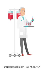 Kaukasischer Laborassistent, der mit einem Reagenzglas arbeitet. Laborassistent, der Blut im Reagenzglas analysiert. Wissenschaftler, die eine Prüfröhre halten. Vektorgrafik mit flachem Design, einzeln auf weißem Hintergrund.