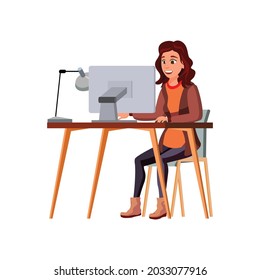 caucasian lady making learning schedule on computer cartoon vector. caucasian lady making learning schedule on computer character. isolated flat cartoon illustration