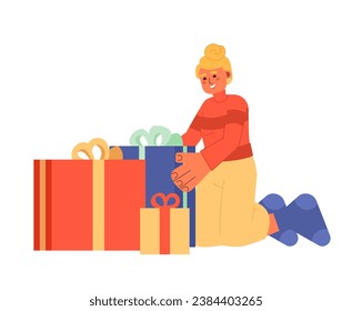 Caucasian lady packing gifts for Christmas 2D cartoon character. European woman putting together giftboxes isolated vector person white background. Christmas tradition color flat spot illustration