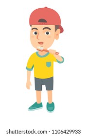 Caucasian little boy brushing his teeth. Happy boy cleaning his teeth. Cheerful boy in a cap holding toothbrush in hand. Vector sketch cartoon illustration isolated on white background.