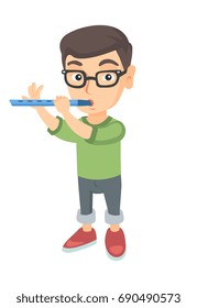 Caucasian little boy playing the flute. Full length of boy in glasses practicing on his flute.Concentrated boy with a flute. Vector sketch cartoon illustration isolated on white background.