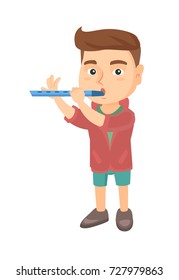 Caucasian little boy playing the flute. Full length of boy practicing on his flute.Concentrated boy with a flute. Vector sketch cartoon illustration isolated on white background.
