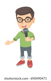 Caucasian little boy singing into a microphone. Smiling happy boy singing with a microphone. Boy holding a microphone. Vector sketch cartoon illustration isolated on white background.