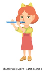 Caucasian little girl playing the flute. Full length of girl practicing on her flute.Concentrated girl with a flute. Vector sketch cartoon illustration isolated on white background.