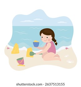 Caucasian little girl playing in sand on beach. Relaxation and entertainment on the beach. Cute child relaxes and sunbathes on the tropical coast. flat vector illustration