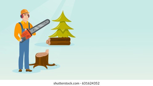 Caucasian lumberjack holding chainsaw. Lumberjack in workwear, hard hat and headphones in forest near stump. Lumberjack chopping wood in forest. Vector flat design illustration. Horizontal layout.