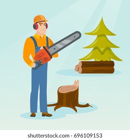 Caucasian lumberjack holding chainsaw. Lumberjack in workwear, hard hat and headphones in forest near stump. Young lumberjack chopping wood in forest. Vector flat design illustration. Square layout.