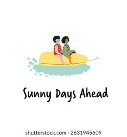 Caucasian male and african female teens enjoying a banana boat ride.