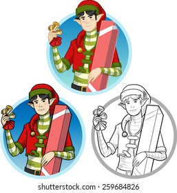 Caucasian male Asian elf with gift and bells illustration set cartoon style lineart and colored
