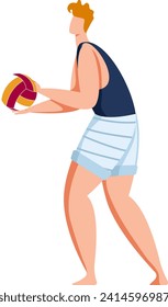 Caucasian male athlete preparing to serve in beach volleyball match. Sporty young man in summer outfit playing volleyball vector illustration.