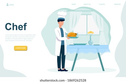 Caucasian male chef is holding plate with chicken. Professional cook in white robe serving fried chicken. Restaurant industry concept. Website, web page, landing page template, Flat vector illustation