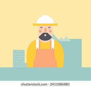 Caucasian male construction worker cartoon with beard, hard hat, and overalls. Professional builder in safety gear at construction site vector illustration.