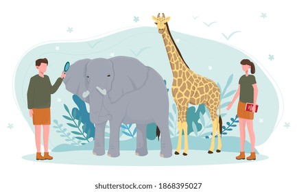 Caucasian male and female zoologists examining animals. Concept of exploring and studying fauna. Wild animal protection, expedition to wild nature. Flat cartoon vector illustration