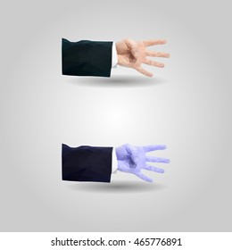 Caucasian male hand gesture showing four fingers high resolution flat triangle polygon vector eps10