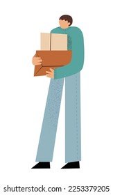 Caucasian male holding boxes in his hands, moving his belongings or delivering items. Isolated vector illustration in flat style