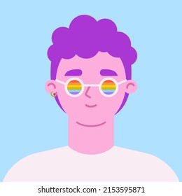 Hombre caucásico con gafas de sol de la bandera LGBTIQ. Concepto de mes de orgullo. Ilustración del vector 