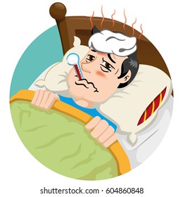 Caucasian male mascot with problems and fever symptoms. Ideal for educational and health and medical information materials