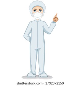 Caucasian male mascot, safety equipment against contamination. Ideal for educational and informative medical materials