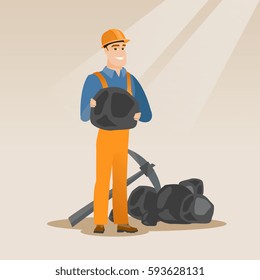 Caucasian male miner in hard hat holding coal in hands. Young miner with a pickaxe. Miner working at coal mine. Young happy male miner at work. Vector flat design illustration. Square layout.
