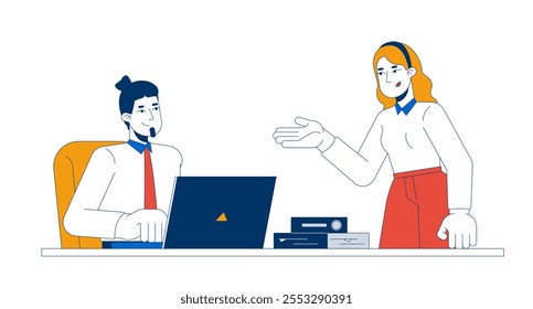 Caucasian male supervisor and female intern positive communication 2D cartoon characters. Internship business adults isolated people flat vector on white background. Spot illustration colorful