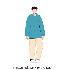 Caucasian male teenager. Boy character wearing in casual clothes standing isolated on a white background. Vector color line illustration. 