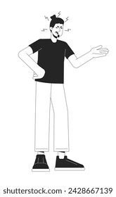 Caucasian man bickering black and white 2D line cartoon character. Bad mood adult isolated vector outline person. Gesture body language, emotional expression monochromatic flat spot illustration