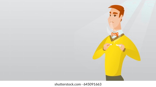Caucasian man breaking the cigarette. Young man crushing cigarette. Sad man holding broken cigarette. Concept of quit smoking and healthy lifestyle. Vector flat design illustration. Horizontal layout.
