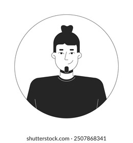 Caucasian man with bun hair and simple t-shirt black and white 2D vector avatar illustration. European male bearded outline cartoon character face isolated. Casual flat user profile image portrait