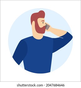 Caucasian man call mobile phone working as helpdesk or user support operator. Guy talking cellphone profile