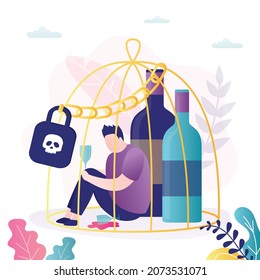 El hombre caucásico no puede hacer frente a la adicción al alcohol. Un borracho que sufre de alcoholismo encerrado en una jaula. El personaje masculino abusa de las bebidas alcohólicas. Hábitos perniciosos. Ilustración vectorial plana