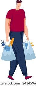Caucasian man carrying grocery bags filled with food items. Male shopper walking after buying groceries. Everyday shopping routine vector illustration.