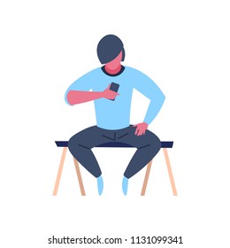 caucasian man character sitting pose using smartphone isolated male cartoon full length flat vector illustration