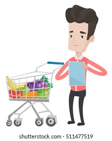 Caucasian man checking shopping list. Man holding shopping list near shopping trolley full with products. Man writing in shopping list. Vector flat design illustration isolated on white background.