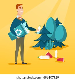 Caucasian man collecting garbage in recycle bin. Happy man with recycling bin in hand picking up used plastic bottles in forest. Waste recycling concept. Vector flat design illustration. Square layout