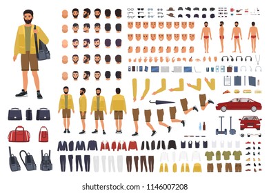 Caucasian man constructor or DIY kit. Collection of male character body parts, hand gestures, clothing isolated on white background. Front, side and back views. Flat cartoon vector illustration