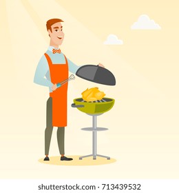 Caucasian man cooking chicken on the barbecue grill outdoors. Smiling man at a barbecue party outdoor. Young man preparing chicken on the barbecue grill. Vector flat design illustration. Square layout