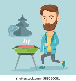 Caucasian man cooking steak on barbecue grill outdoors. Young man sitting next to barbecue grill in the park. Smiling man having a barbecue party. Vector flat design illustration. Square layout.