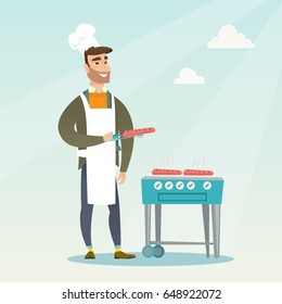 Caucasian man cooking steak on the gas barbecue grill outdoors. Young hipster man preparing steak on the gas barbecue grill. Man at a barbecue party. Vector flat design illustration. Square layout.