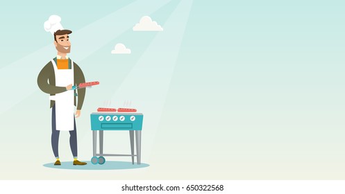 Caucasian man cooking steak on the gas barbecue grill outdoors. Young hipster man preparing steak on the gas barbecue grill. Man at a barbecue party. Vector flat design illustration. Horizontal layout