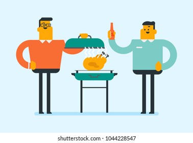 Caucasian man cooking a whole chicken on the barbecue outdoors. Young smiling man holding kitchen tongs and preparing chicken on the barbecue grill. Vector cartoon illustration. Horizontal layout.