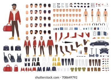 Caucasian man creation set or DIY kit. Collection of flat cartoon character body parts, facial gestures, hairstyles, clothing isolated on white background. Vector illustration. front, side, back view.