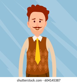 Caucasian man with curly hair and whisker close-up portrait on glass blue background. Red-haired male dressed in white shirt, brown jerkin and yellow necktie vector illustration in cartoon style.