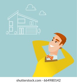 Homem caucasiano sonhando com a vida futura em uma casa nova. Homem sorridente planejando sua futura compra de uma casa. Homem pensando em comprar uma casa nova. Ilustração de design plano vetorial. Layout quadrado.