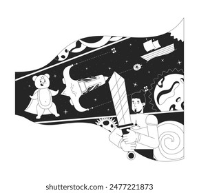 Hombre caucásico soñando con el espacio blanco y negro 2D línea de dibujos animados personaje. Hombre europeo luchando oso cósmico aislado Vector contorno persona. Ilustración de punto plano monocromático de la imaginación