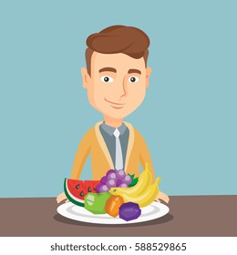 Caucasian man eating fresh healthy fruits. Young friendly man standing in front of table woth fresh fruits. Smiling man with plate full of fruits. Vector flat design illustration. Square layout.