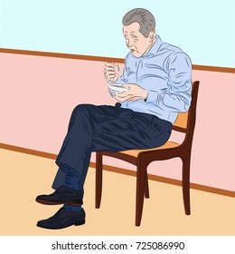 Caucasian man eating instant noodle. Realistic vector illustration