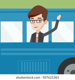 Caucasian man enjoying his trip by bus. Man waving from bus. Passenger waving hand from bus window. Tourist peeking out of bus window and waving hand. Vector flat design illustration. Square layout.
